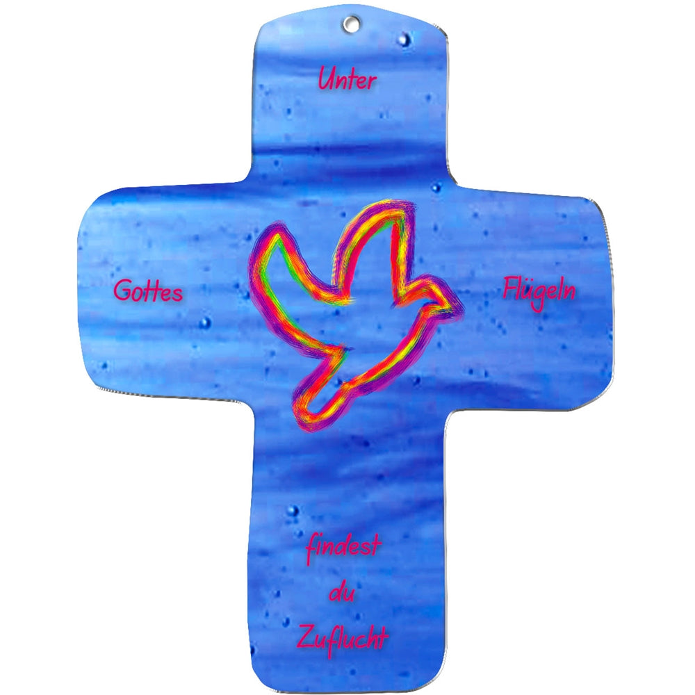 Ein blaues metALUm Wandkreuz mit einem bunten Taubenumriss und rotem deutschen Text: "Unter Gottes Flügeln findest du Zuflucht." Ideal als Geschenk für Kinder, verfügt über ein oberes Loch zum Aufhängen.