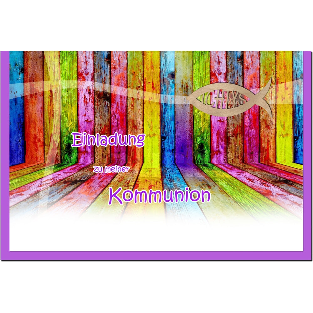 metALUm Einladungskarten KOMMUNION - Buntes Holz - 10 Karten - 1601008
