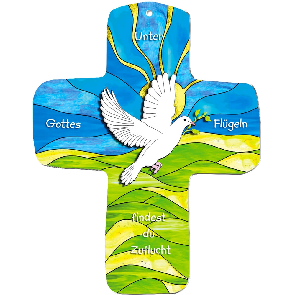 Das metALUm Wandkreuz zeigt eine weiße Taube mit einem Olivenzweig über grünen Hügeln, blauem Himmel und gelben Sonnenstrahlen. Deutscher Text: "Unter Gottes Flügeln findest du Zuflucht." Ein perfektes Geschenk für Kinder.