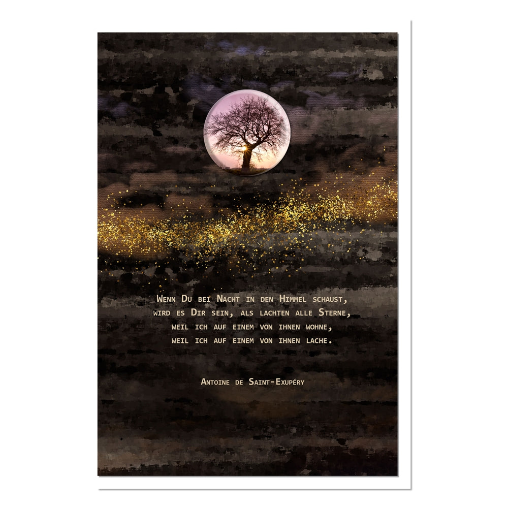 metALUm Trauerkarte B6 mit 3D-Verzierung – Motiv Lebensbaum bei Nacht – Zitat von Antoine de Saint-Exupéry