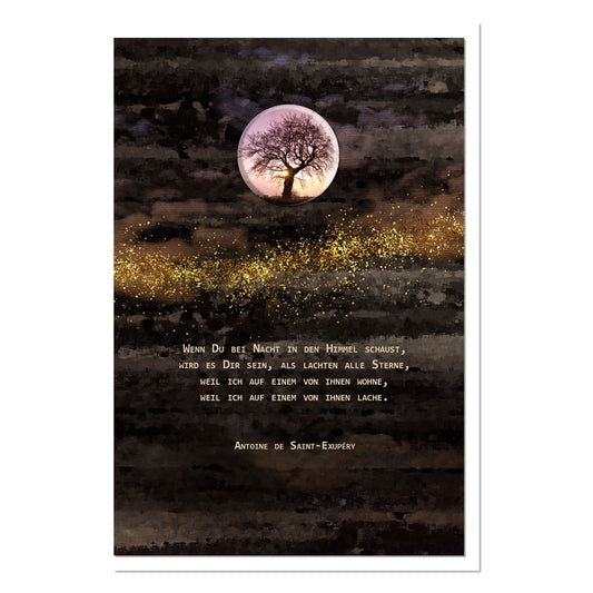 metALUm Trauerkarte B6 mit 3D-Verzierung – Motiv Lebensbaum bei Nacht – Zitat von Antoine de Saint-Exupéry