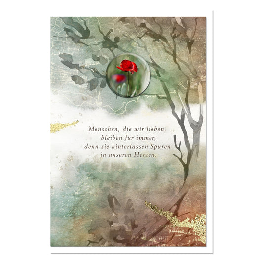 metALUm Trauerkarte B6 mit 3D-Verzierung – Motiv Mohnblume – Spuren in unseren Herzen