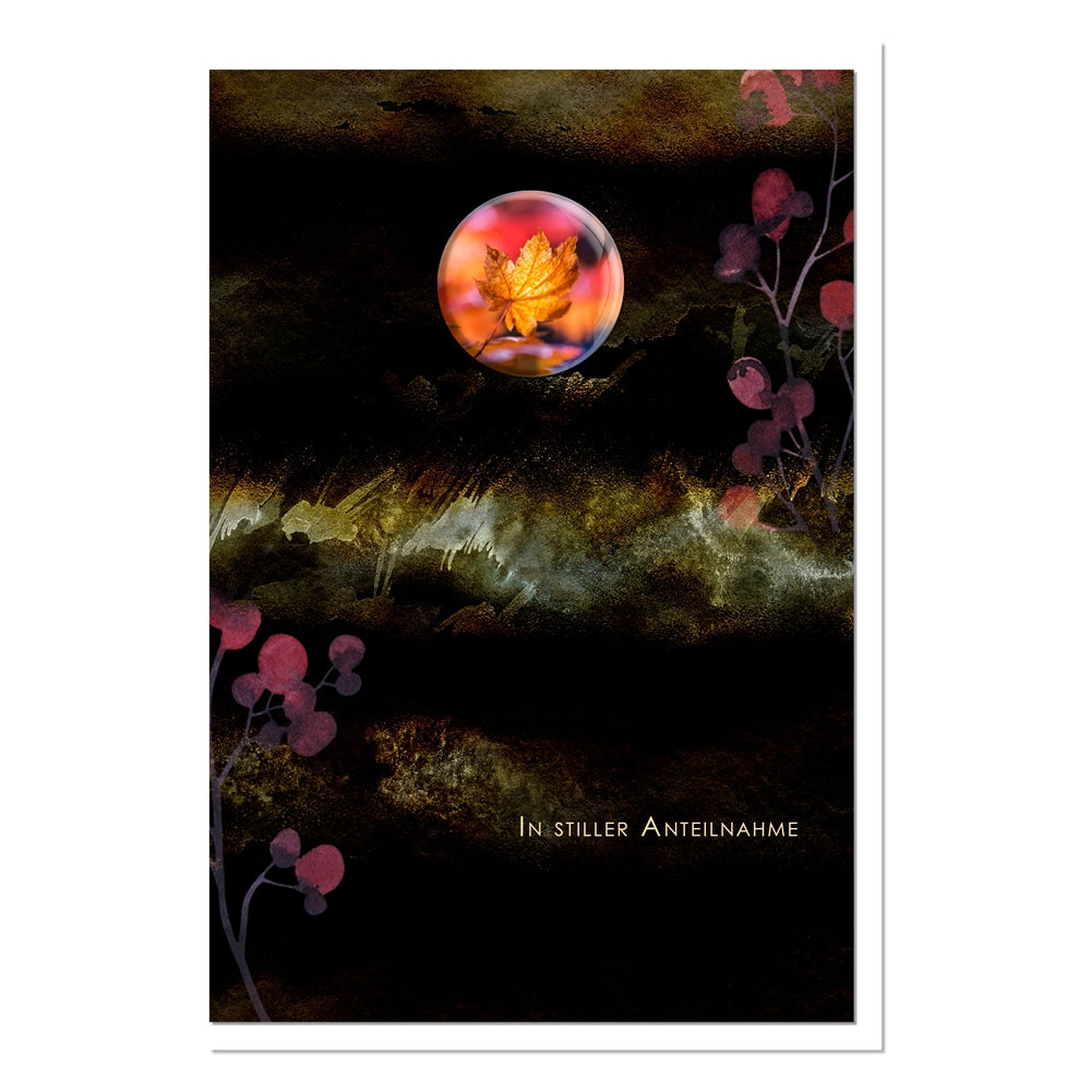 metALUm Trauerkarte B6 mit 3D-Kunstharzverzierung – Motiv Herbstblatt in Dunkelgold – In stiller Anteilnahme