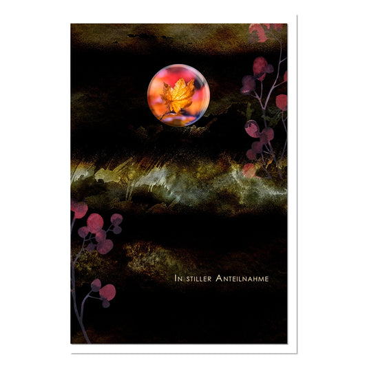 metALUm Trauerkarte B6 mit 3D-Kunstharzverzierung – Motiv Herbstblatt in Dunkelgold – In stiller Anteilnahme