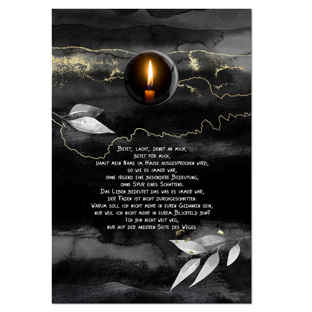 metALUm Trauerkarte B6 mit 3D-Kunstharzverzierung – Motiv Leuchtende Kerze in Schwarz-Gold – In stiller Erinnerung