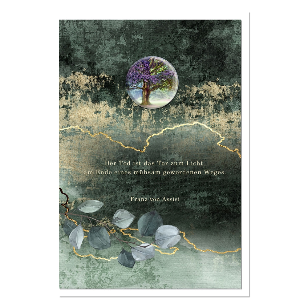 metALUm Trauerkarte B6 mit 3D-Kunstharzverzierung – Motiv Baum des Lichts in Grün-Gold – In stiller Anteilnahme