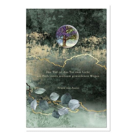 metALUm Trauerkarte B6 mit 3D-Kunstharzverzierung – Motiv Baum des Lichts in Grün-Gold – In stiller Anteilnahme