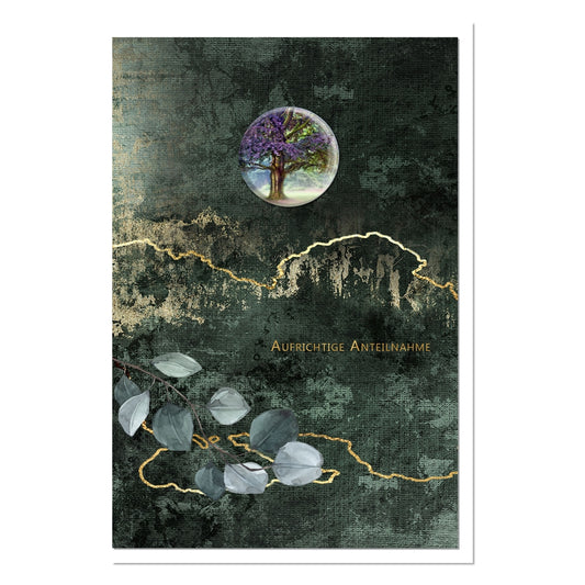 metALUm Trauerkarte B6 mit 3D-Kunstharzverzierung – Motiv Baum des Lebens in Grün-Gold – Aufrichtige Anteilnahme
