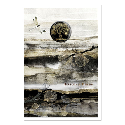 metALUm Trauerkarte B6 mit 3D-Verzierung – Motiv Lebensbaum und Libelle – Herzliches Beileid