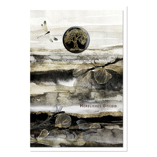 metALUm Trauerkarte B6 mit 3D-Verzierung – Motiv Lebensbaum und Libelle – Herzliches Beileid
