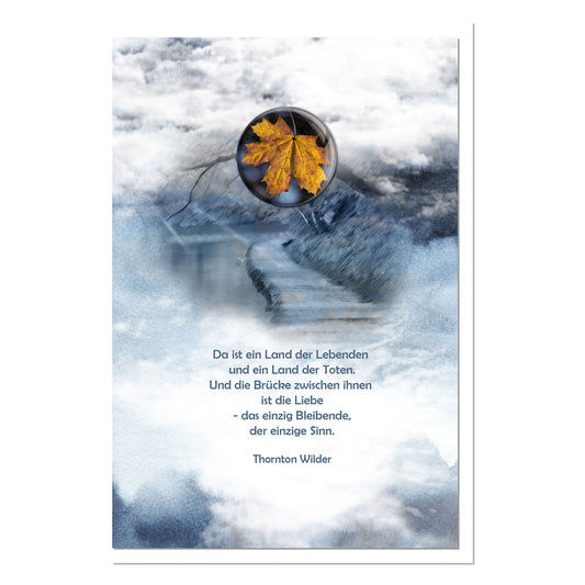 metALUm Trauerkarte B6 mit 3D-Verzierung – Motiv Herbstblatt in Wolkenlandschaft – Zitat von Thornton Wilder