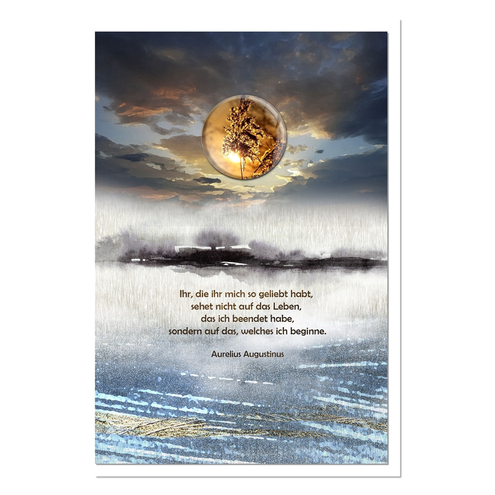 metALUm Trauerkarte B6 mit 3D-Verzierung – Motiv Sonnenaufgang – Zitat von Aurelius Augustinus