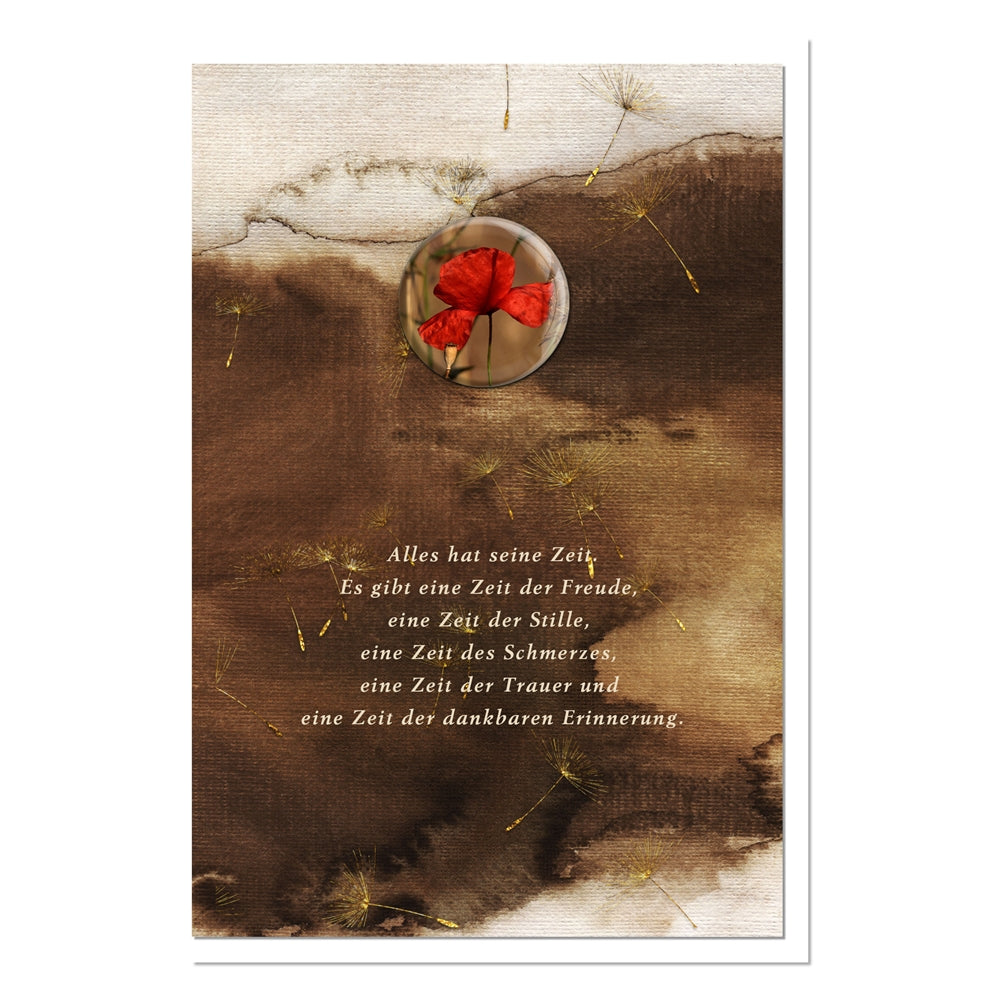 metALUm Trauerkarte B6 mit 3D-Kunstharzverzierung – Motiv Roter Mohn in Braun-Gold – Dankbare Erinnerung