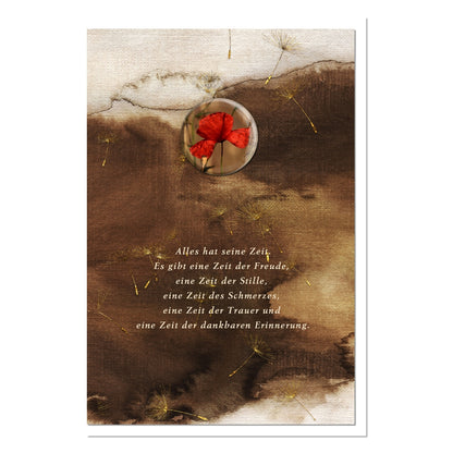 metALUm Trauerkarte B6 mit 3D-Kunstharzverzierung – Motiv Roter Mohn in Braun-Gold – Dankbare Erinnerung