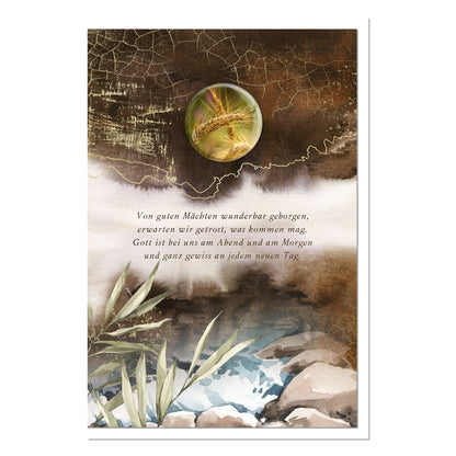 metALUm Trauerkarte B6 mit 3D-Kunstharzverzierung – Motiv Ähren & Wasser in Braun-Grün – Von guten Mächten
