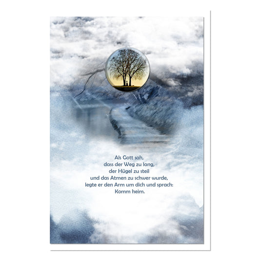 metALUm Trauerkarte B6 mit 3D-Kunstharzverzierung – Motiv Weg im Himmelblau – Komm heim