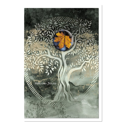 metALUm Trauerkarte B6 mit 3D-Verzierung – Motiv Lebensbaum mit Herbstblatt – Herzliches Beileid