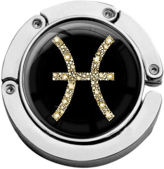 metALUm Taschenaufhänger Handtaschenhalter Sternzeichen Fische IN Gold mit faltbarem Magnetverschluss #2601081