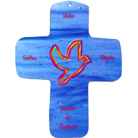 Ein blaues metALUm Wandkreuz mit einem bunten Taubenumriss und rotem deutschen Text: "Unter Gottes Flügeln findest du Zuflucht." Ideal als Geschenk für Kinder, verfügt über ein oberes Loch zum Aufhängen.