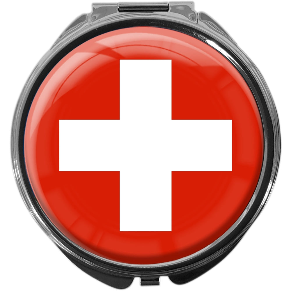 metALUm Pillendose mit Spiegel rund Metall 3 Fächer FLAGGE SCHWEIZ #0007