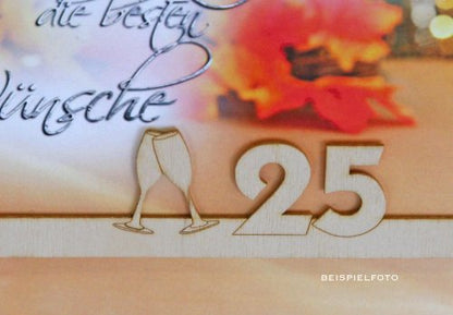 metalum Premium-Glückwunschkarte zur silbernen Hochzeit mit romantischem Motiv und ausgefallener, filigraner Echtholzverzierung