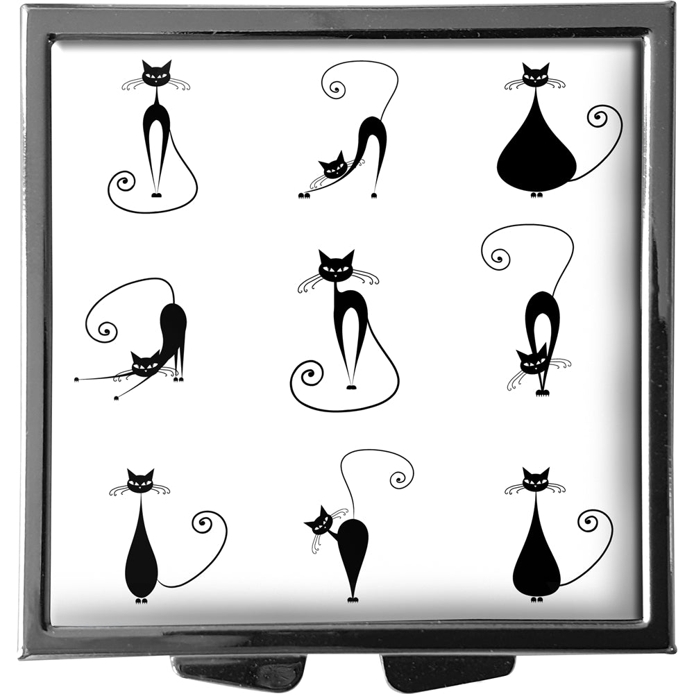 metALUm XXL Pillendose quadratisch 4 Fächer Katzen - Silhouetten in schwarz auf weiß #0018