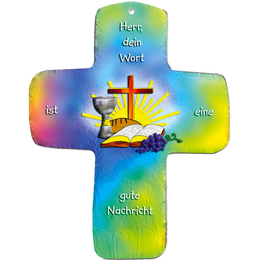 Ein lebendiges Wandkreuz aus MDF von metALUm mit blauem, gelbem und grünem Hintergrund, das ein rotes Kreuz, Brot, Kelch, Bibel und Weintrauben zeigt. Deutscher Text: "Herr, dein Wort ist eine gute Nachricht." Ein inspirierendes Geschenk.