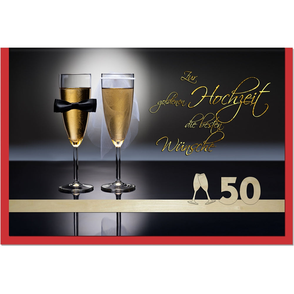 metalum Premium-Glückwunschkarte zur goldenen Hochzeit mit romantischem Motiv und ausgefallener, filigraner Echtholzverzierung