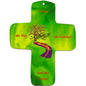Das metALUm Wandkreuz in Form eines grünen Kreuzes zeigt einen bunten stilisierten Baum und einen deutschen Text: Ich bin der Weg die Wahrheit und das Leben in rot-eine ideale christliche Deko oder Geschenk für Kinder.