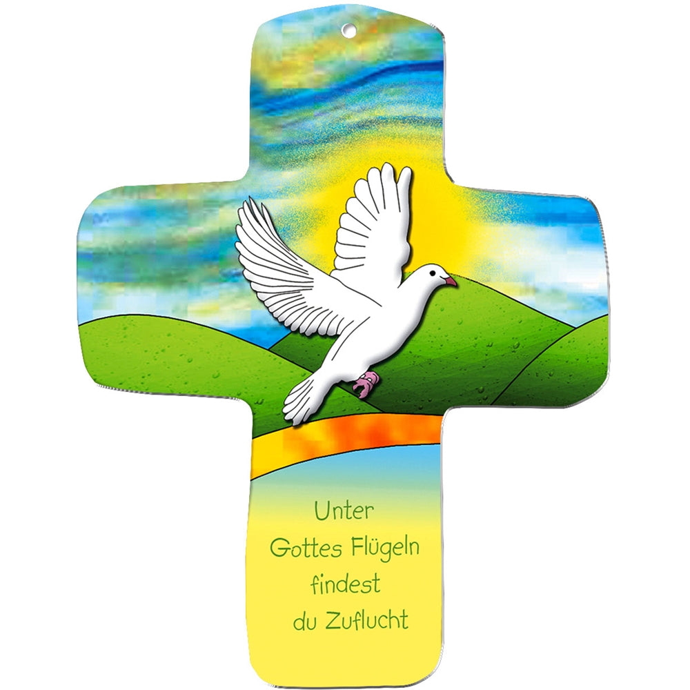 Das metALUm Wandkreuz zeigt eine weiße Taube im Flug über grünen Hügeln, eine gelbe Sonne und einen blauen Himmel. Der Text darunter lautet: "Unter Gottes Flügeln findest du Zuflucht." Das perfekte Geschenk für Kinder.