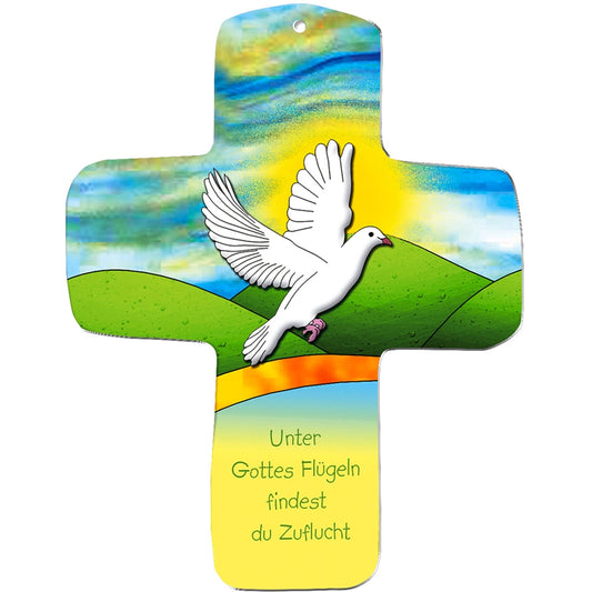 Das metALUm Wandkreuz zeigt eine weiße Taube im Flug über grünen Hügeln, eine gelbe Sonne und einen blauen Himmel. Der Text darunter lautet: "Unter Gottes Flügeln findest du Zuflucht." Das perfekte Geschenk für Kinder.