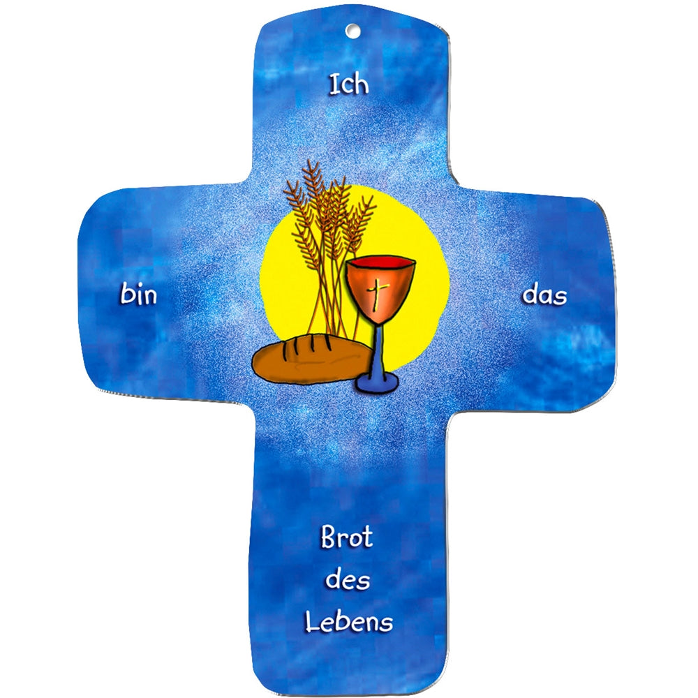 Die blaue Wandkreuz-Plakette von metALUm zeigt einen gelben Kreis mit Weizen, Brot und einem Kelch. "Ich bin das Brot des Lebens" ist in deutscher Sprache aufgedruckt. Es eignet sich ideal als Geschenk für Kinder und hat einen dezenten blauen Hintergrund mit Farbverlauf.
