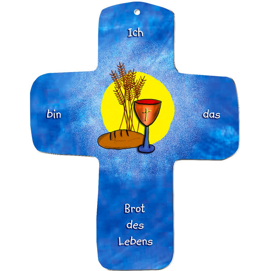 Die blaue Wandkreuz-Plakette von metALUm zeigt einen gelben Kreis mit Weizen, Brot und einem Kelch. "Ich bin das Brot des Lebens" ist in deutscher Sprache aufgedruckt. Es eignet sich ideal als Geschenk für Kinder und hat einen dezenten blauen Hintergrund mit Farbverlauf.