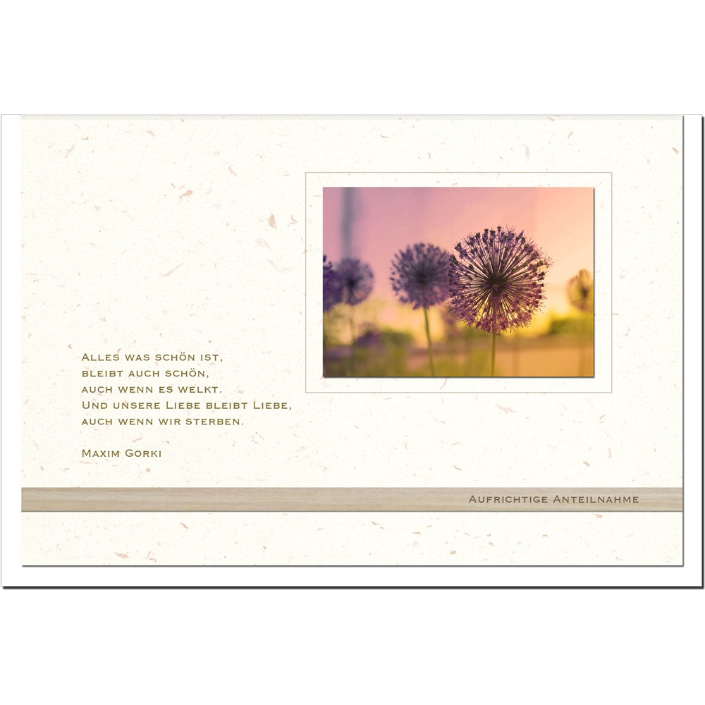 Trauerkarte DIE LIEBE BLEIBT - Blume in Sonnenuntergang - metALUm #00557