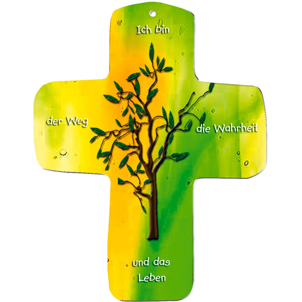 Ein metALUm Wandkreuz mit gelb-grünem Farbverlauf, zentralem Baummotiv und dem deutschen Text "Ich bin der Weg die Wahrheit und das Leben" - das perfekte religiöse Geschenk, gefertigt aus langlebigem MDF.