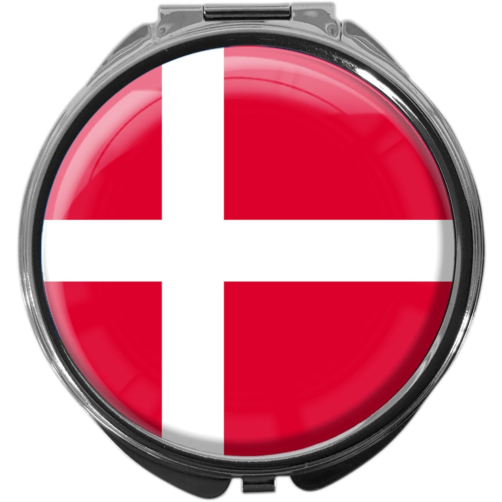 metALUm Pillendose mit Spiegel rund Metall 3 Fächer FLAGGE DÄNEMARK #0001
