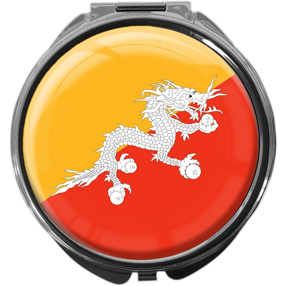 metALUm Pillendose mit Spiegel rund Metall 3 Fächer FLAGGE BUTHAN #0116