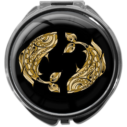 metALUm Pillendose mit Spiegel rund Metall 3 Fächer STERNZEICHEN FISCHE IN GOLD #1209