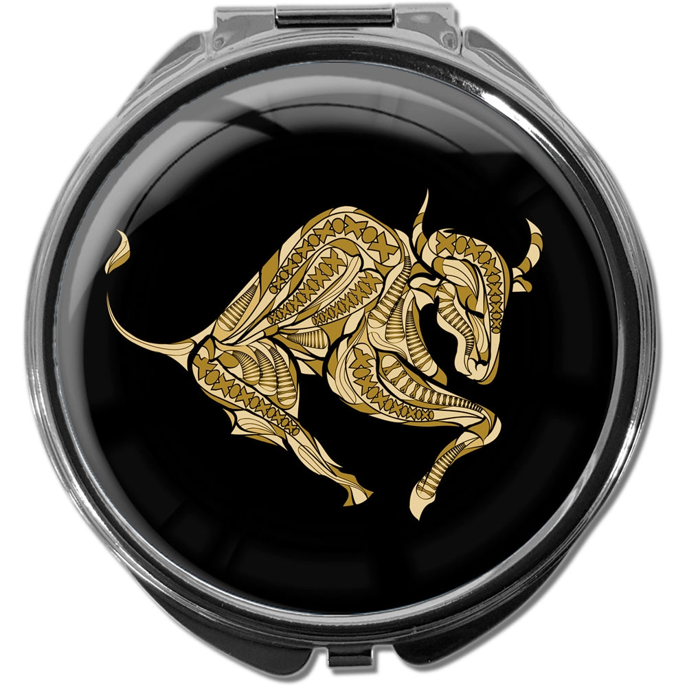 metALUm Pillendose mit Spiegel rund Metall 3 Fächer STERNZEICHEN STIER IN GOLD #1205