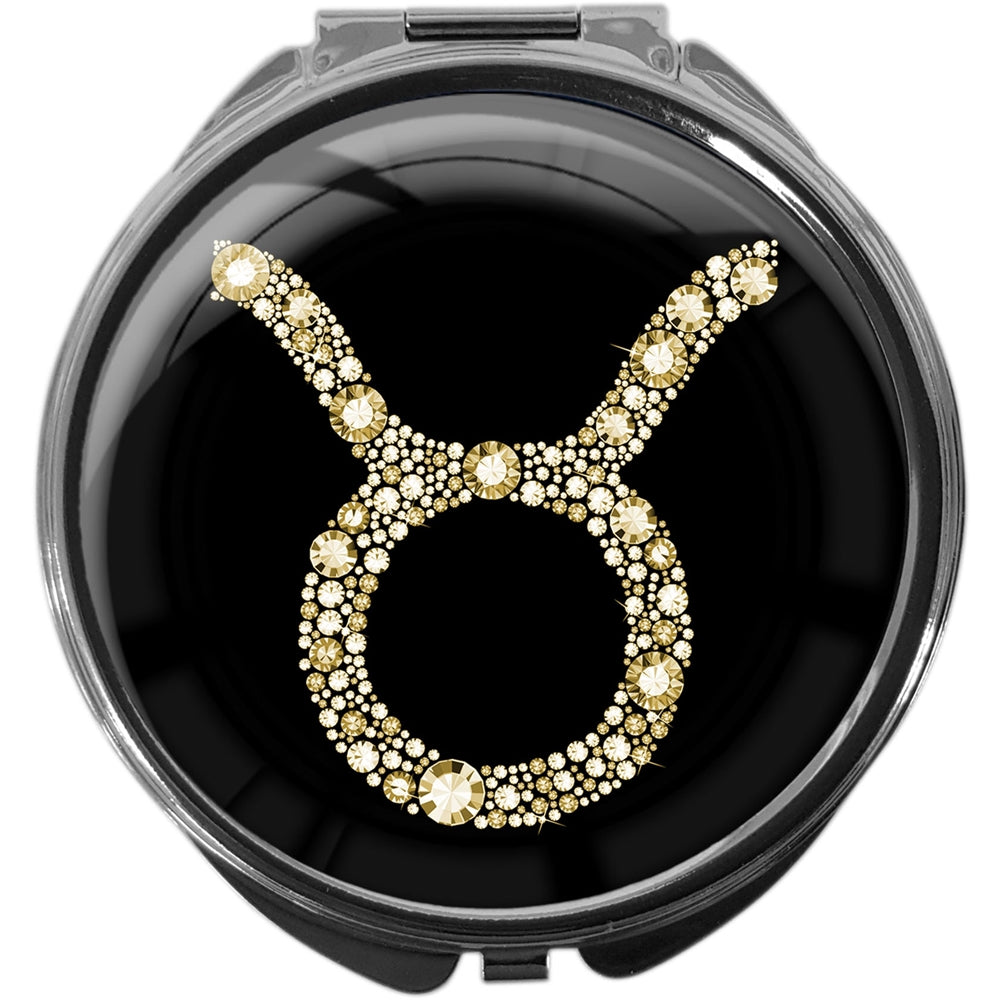 metALUm Pillendose mit Spiegel rund Metall 3 Fächer STERNZEICHEN STIER #1079