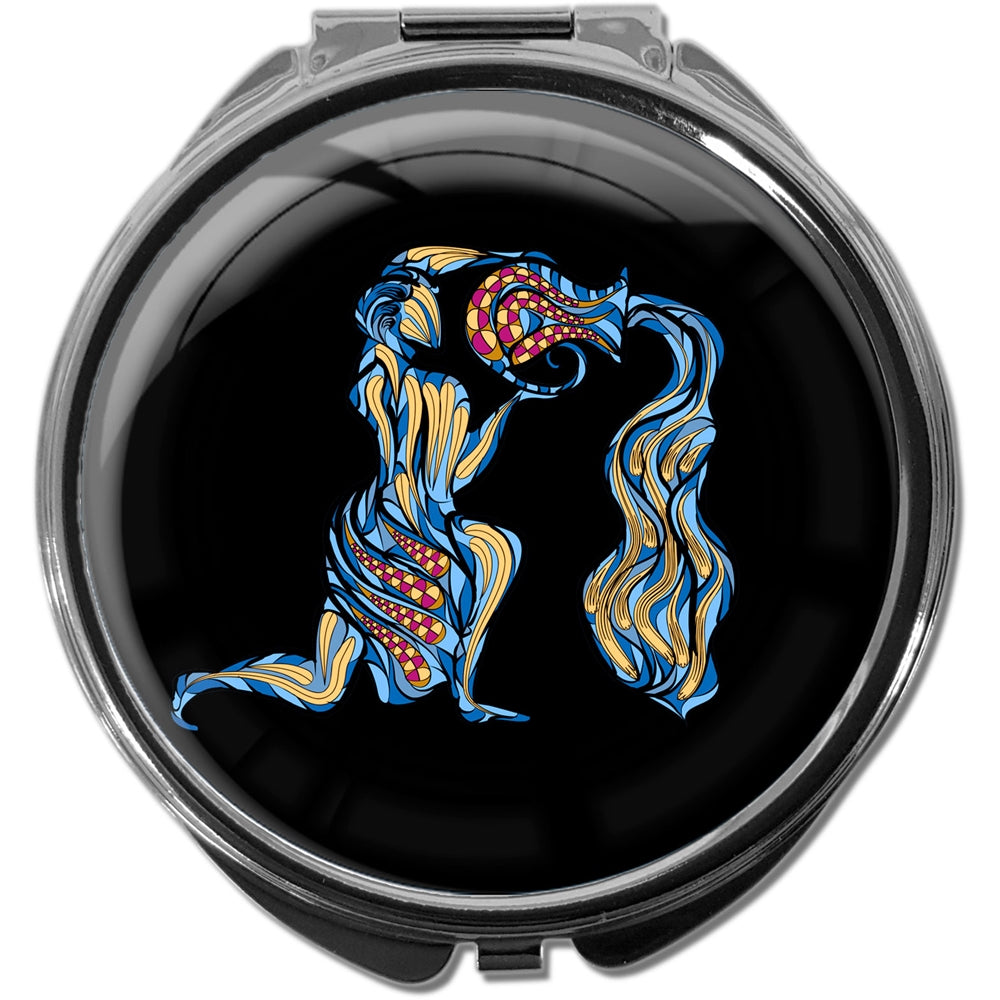 metALUm Pillendose mit Spiegel rund Metall 3 Fächer STERNZEICHEN WASSERMANN #1222