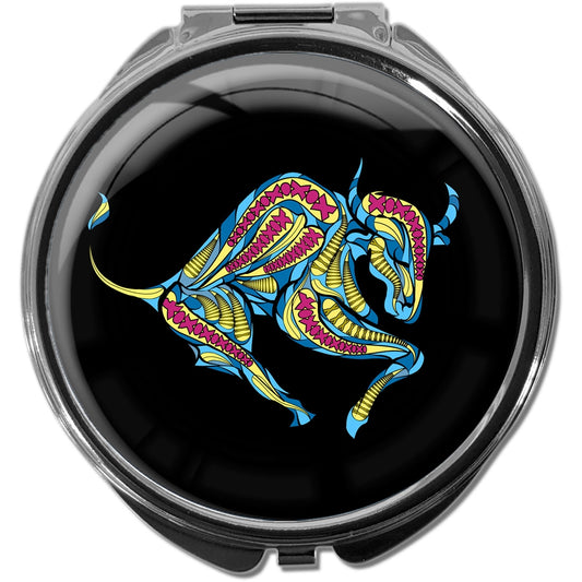 metALUm Pillendose mit Spiegel rund Metall 3 Fächer STERNZEICHEN STIER #1204