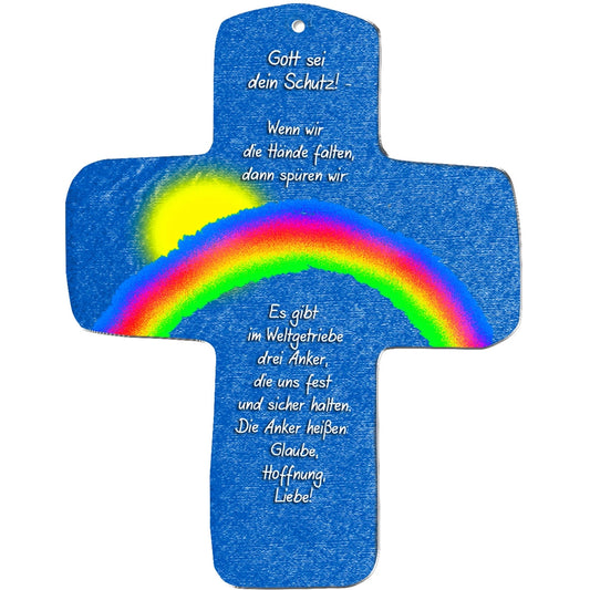 Das blaue MDF Wandkreuz von metALUm zeigt eine gelbe Sonne, einen bunten Regenbogen und trägt die Aufschrift: "Gott sei dein Schutz! ... Die Anker heißen Glaube, Hoffnung, Liebe!" - ein ideales Geschenk für Kinder.