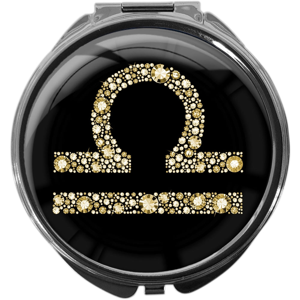 metALUm Pillendose mit Spiegel rund Metall 3 Fächer STERNZEICHEN WAAGE #1076