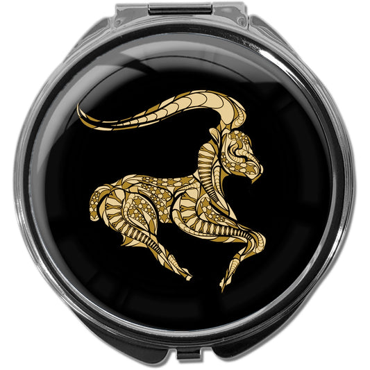 metALUm Pillendose mit Spiegel rund Metall 3 Fächer STERNZEICHEN STEINBOCK IN GOLD #1207