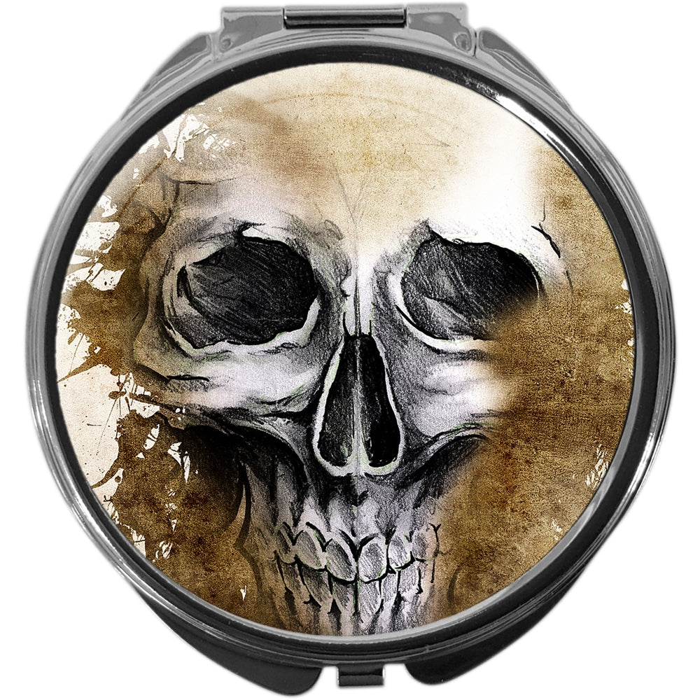 metALUm Pillendose mit Spiegel rund Metall 3 Fächer TOTENKOPF #1197