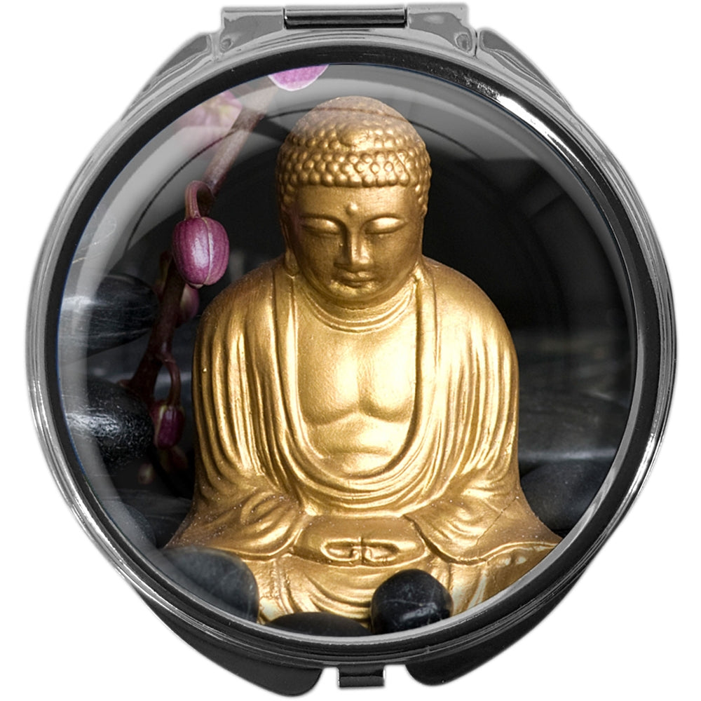 metALUm Pillendose mit Spiegel rund Metall 3 Fächer BUDDAH #1010