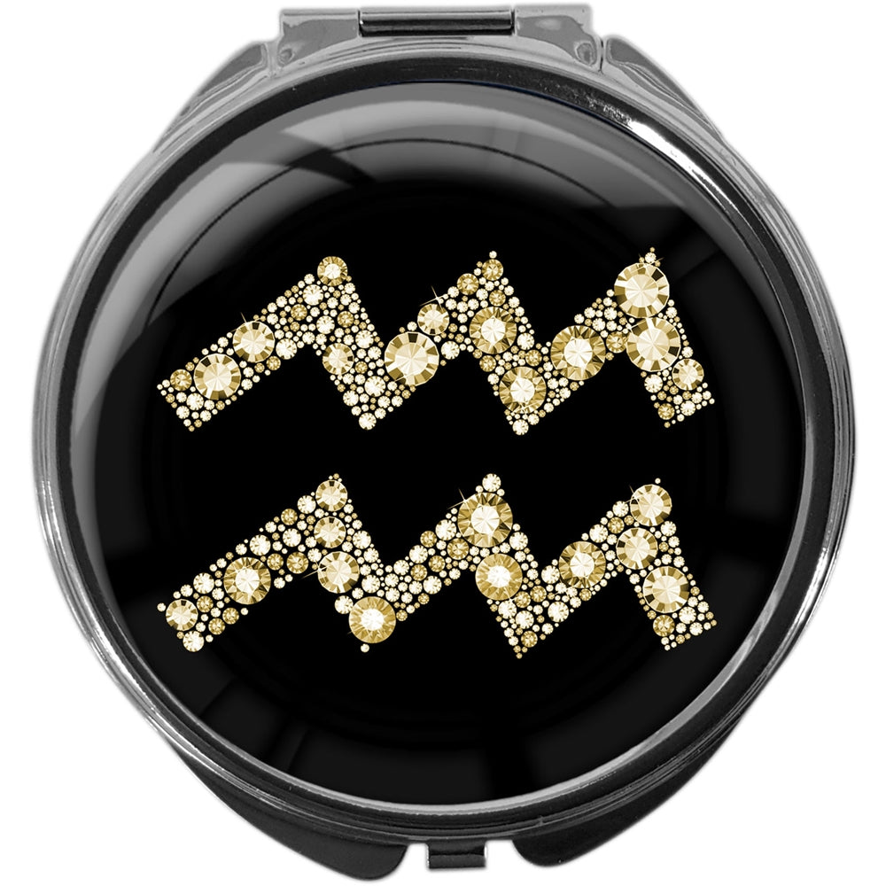 metALUm Pillendose mit Spiegel rund Metall 3 Fächer STERNZEICHEN WASSERMANN #1078