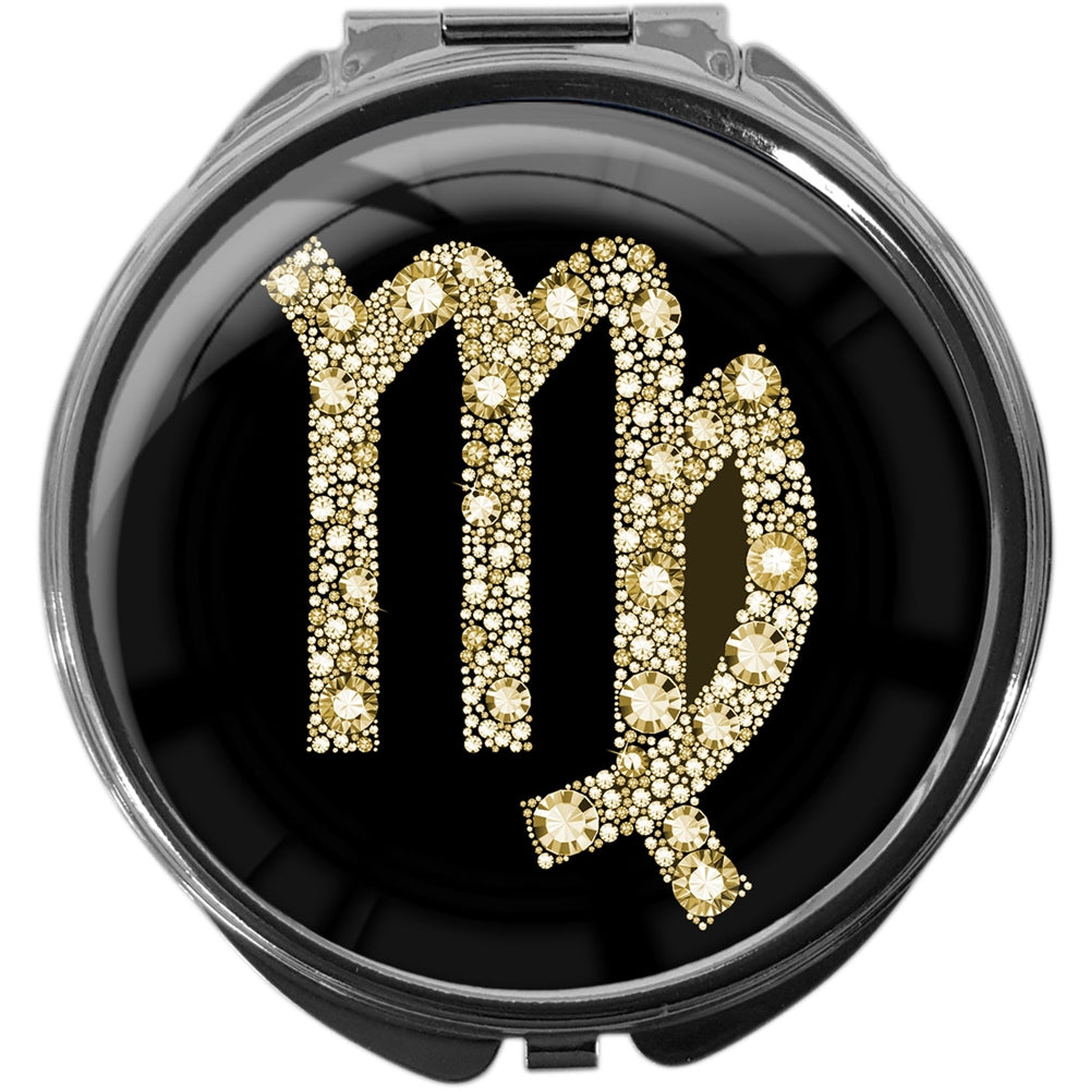 metALUm Pillendose mit Spiegel rund Metall 3 Fächer STERNZEICHEN JUNGFRAU #1082