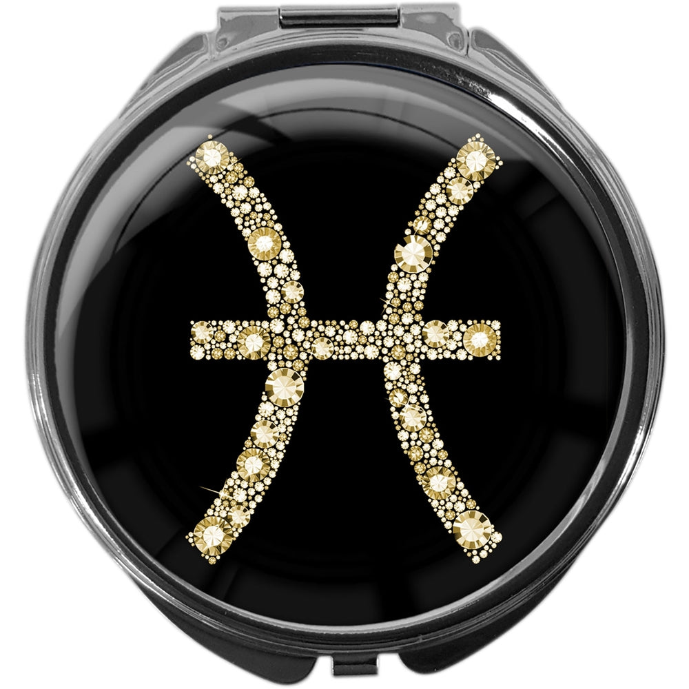 metALUm Pillendose mit Spiegel rund Metall 3 Fächer STERNZEICHEN FISCHE #1081